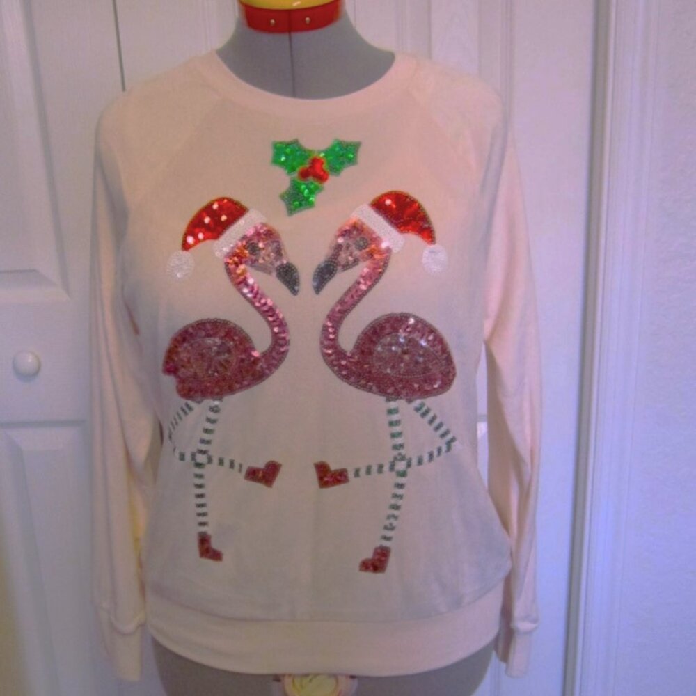 Miss Chievous L Pink Flamingo Christmas Top with Sequins Long Sleeves--Pink--EUC
